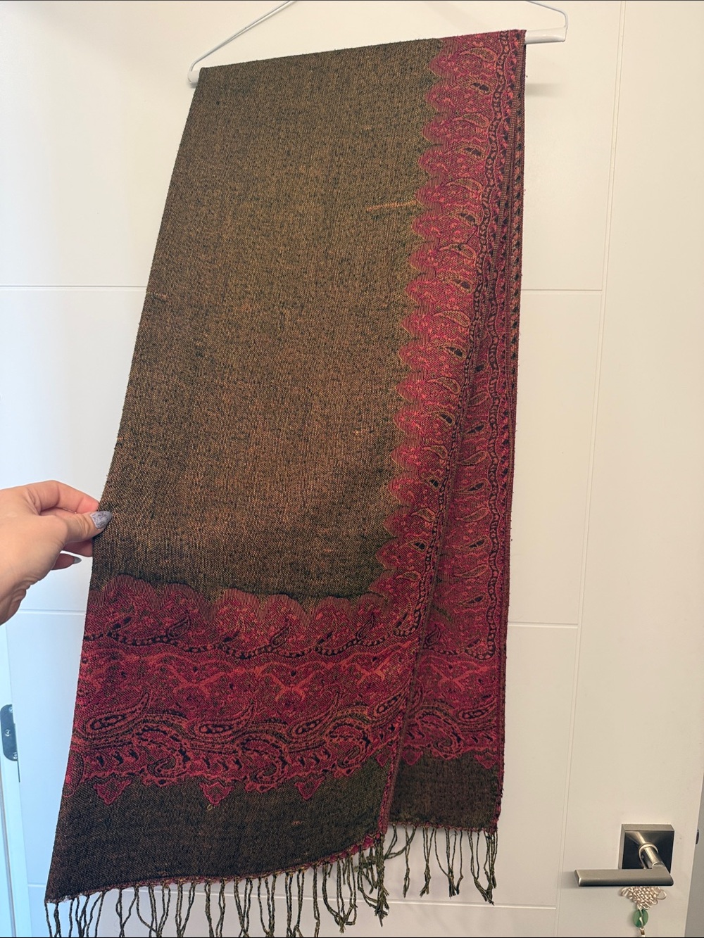 Olive Green & Burgundy Paisley Border Shawl